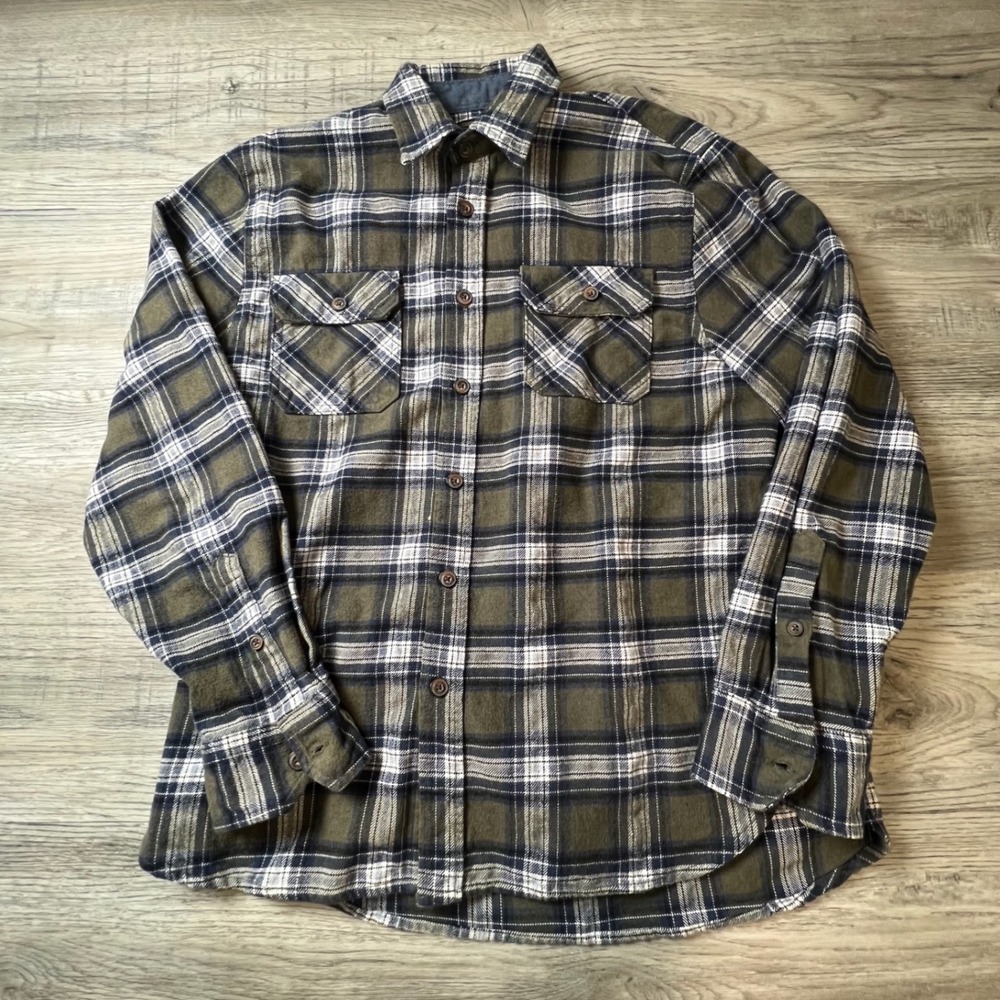 Jachs NY Heritage Flannel Shirt Mens Large Olive Green Plaid Button Down L6